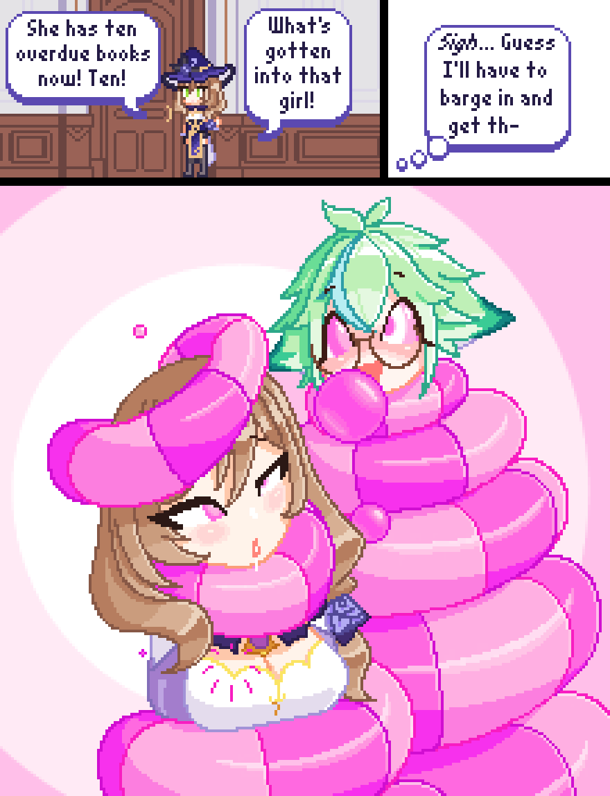 ahoge animal_ears animated animated_gif blush breasts brown_hair bubble cleavage coils comic crossed_eyes drool fabius femsub genshin_impact glasses green_hair happy_trance kaa_eyes lisa_(genshin_impact) pink_eyes pixel_art ring_eyes roses simple_background smile speech_bubble sucrose_(genshin_impact) text thought_bubble witch_hat