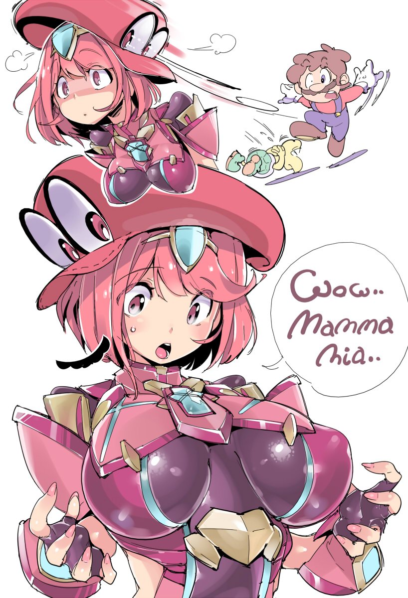 accidental_hypnosis armor breasts cappy comic femsub fingerless_gloves gloves hat koopa_troopa large_breasts maledom mario mustache nintendo pink_hair possession pyra_(xenoblade) super_mario_bros. super_mario_odyssey sweat text xenoblade_chronicles xenoblade_chronicles_2