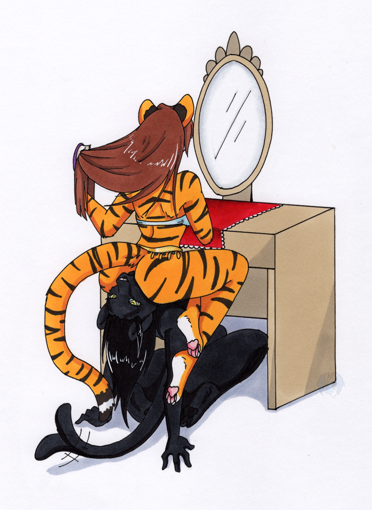 black_hair brown_hair chair dancer felicia_(trozeles) femdom femsub furry happy_trance human_furniture jadira_(alexander717) mirror nude orange_hair original panther_girl sitting sitting_on_face sketch spiral_eyes tierafoxglove tiger_girl yuri