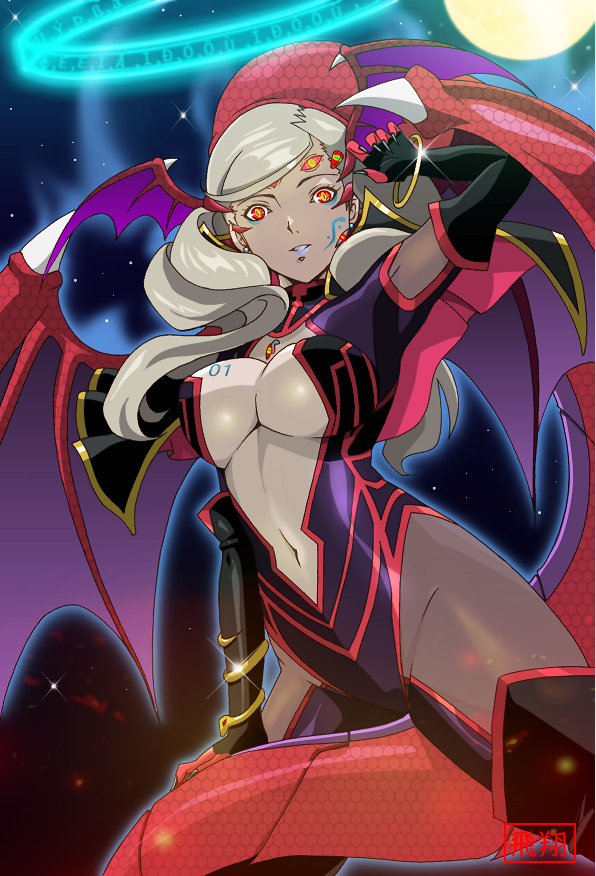 alternate_costume alternate_form ann_takamaki aura black_eyes blue_lipstick bracelet breasts claws corruption demon_girl earrings eyeshadow facial_markings femsub fusion glowing halo hisho jewelry large_breasts lipstick long_hair looking_at_viewer makeup midriff multiple_eyes navel persona_(series) persona_5 platinum_blonde_hair possession red_sclera samael_(shin_megami_tensei) shin_megami_tensei sitting slit_pupils third_eye twintails wings yellow_sclera