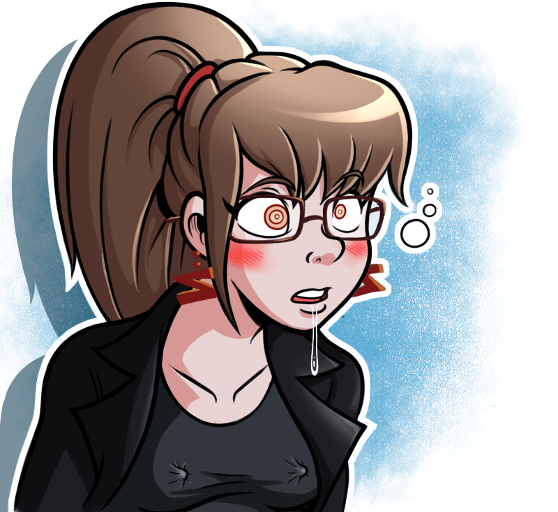 arcana_(secretname54) bangs blush brown_eyes brown_hair collarbone dazed drool earrings erect_nipples erect_nipples_under_clothes expressionless female_only femsub glasses jacket keeper_of_pots leaning_forward long_hair open_mouth original ponytail ring_eyes shirt simple_background slouching