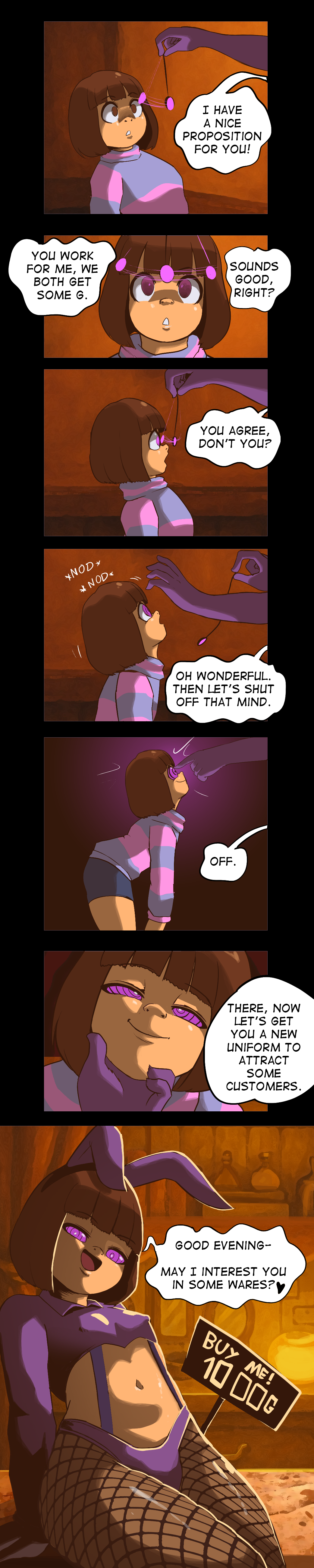 absurdres androgynous androgynous_sub brown_eyes brown_hair bunny_ears bunny_girl bunnysuit comic crop_top dialogue eyebrows_visible_through_hair femdom finger_to_forehead fishnets frisk_(undertale) gloves glowing_eyes hand_on_head happy_trance limp navel open_mouth pendulum pstash purple_eyes short_hair short_shorts sign sitting smile spiral_eyes spiralwash_eyes sweater table text thong undertale