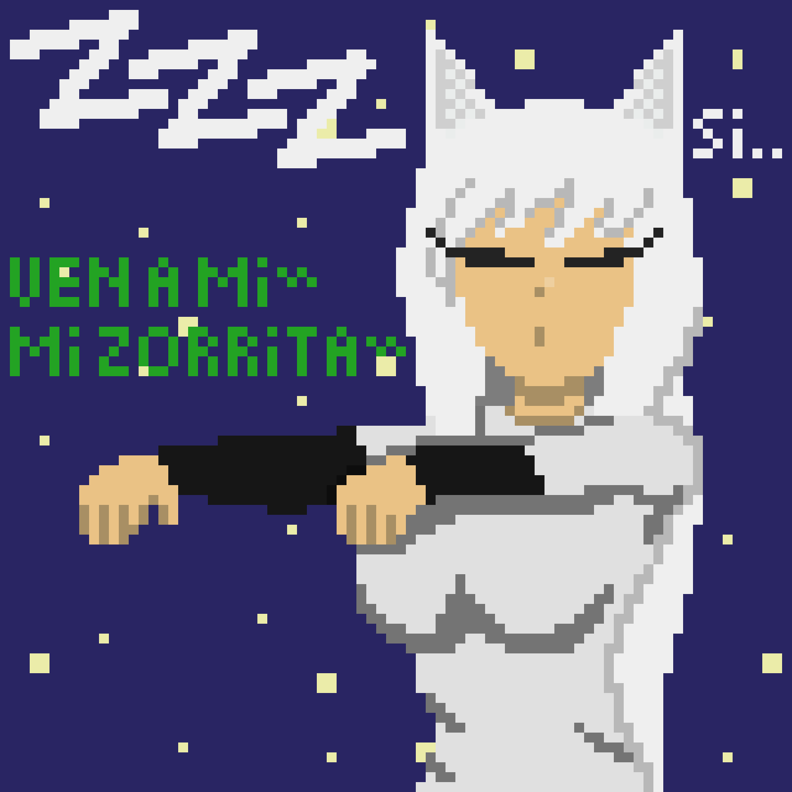 femsub fox_ears fox_girl night nyarukavt original pixel_art sleep_command sleeping text translation_request white_hair zombie_walk