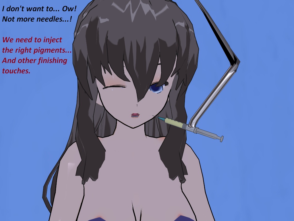 3d blue_eyes cleavage flamekin grey_hair injection long_hair mechanical_arm stasis_tank syringe text transgender