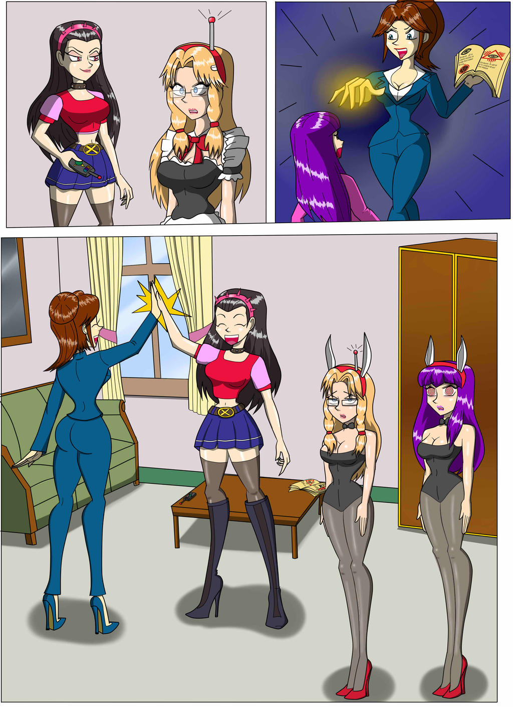 anabel_(mexigojira) ass black_hair blonde_hair brown_hair bunny_ears bunnysuit carlosfco comic empty_eyes fembot julia_(carlosfco) kigi_(carlosfco) large_breasts magic original purple_hair sabrine_(mexigojira) spiral_eyes tech_control