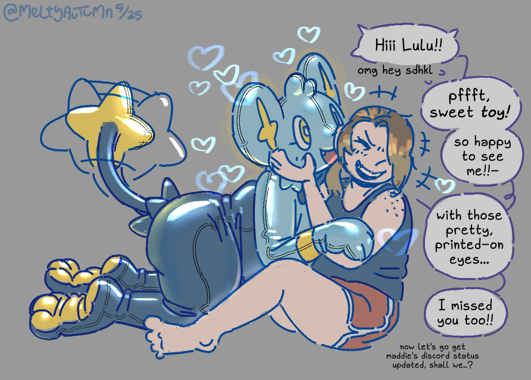 all_fours barefoot bodysuit brown_hair butt_plug chubby closed_eyes consensual costume dog_girl feet female_only femdom femsub freckles grey_background hair_covering_one_eye happy_trance legs meltyautumn nintendo open_mouth original pet_play plurality pokemon ponytail rubber shinx shirt short_hair shorts simple_background sitting smile split_personality tail text transfem transgender_identity