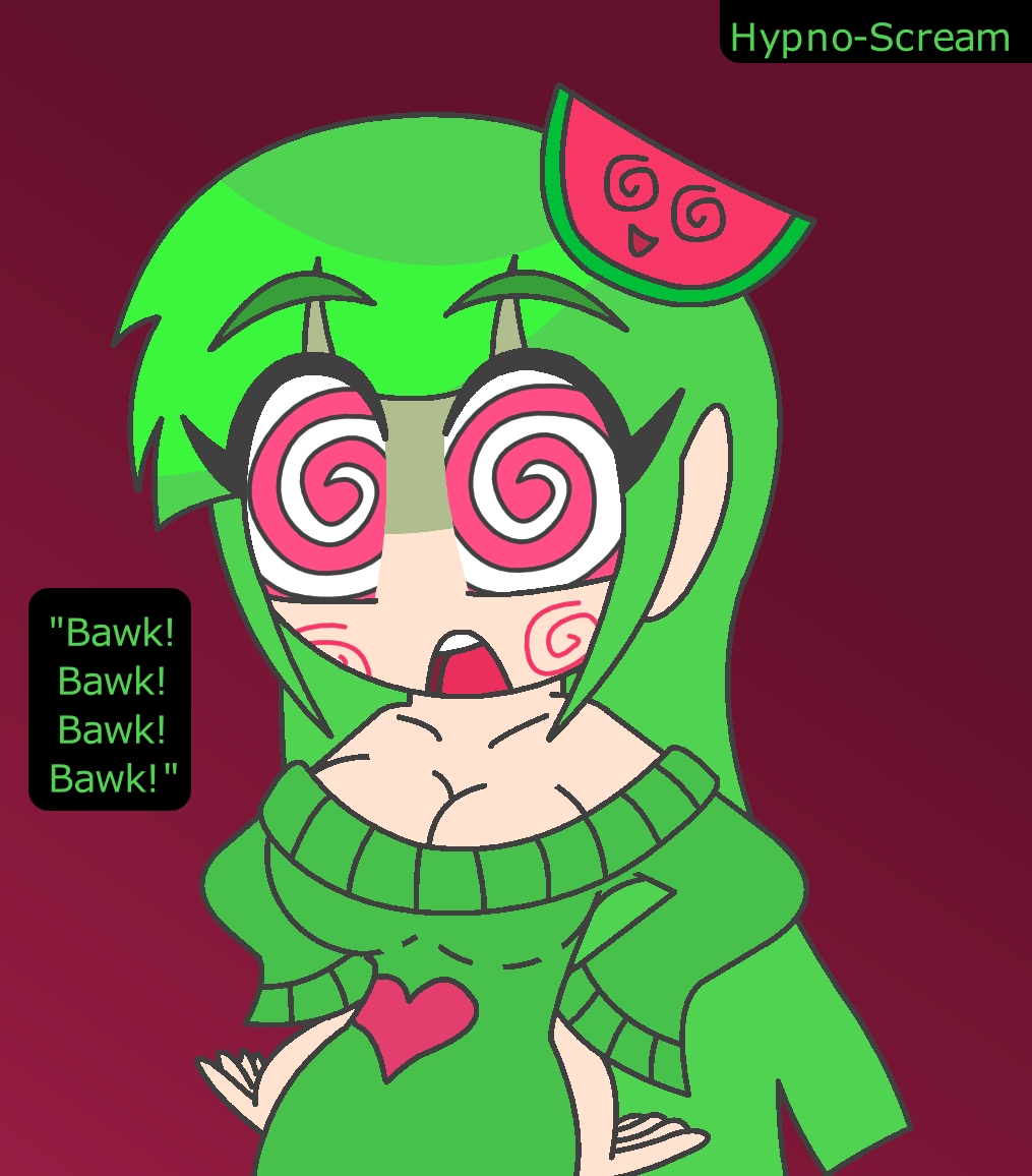 bare_shoulders blush chicken chicken_pose cleavage collarbone eyebrows_visible_through_hair eyelashes female_only femsub gradient_background green_hair hair_clips hand_on_hip heart hourglass_figure humor hypnoscream large_breasts long_hair open_mouth red_background red_eyes solo spiral_eyes straight-cut_bangs sweater text vannamelon virtual_youtuber wide_hips