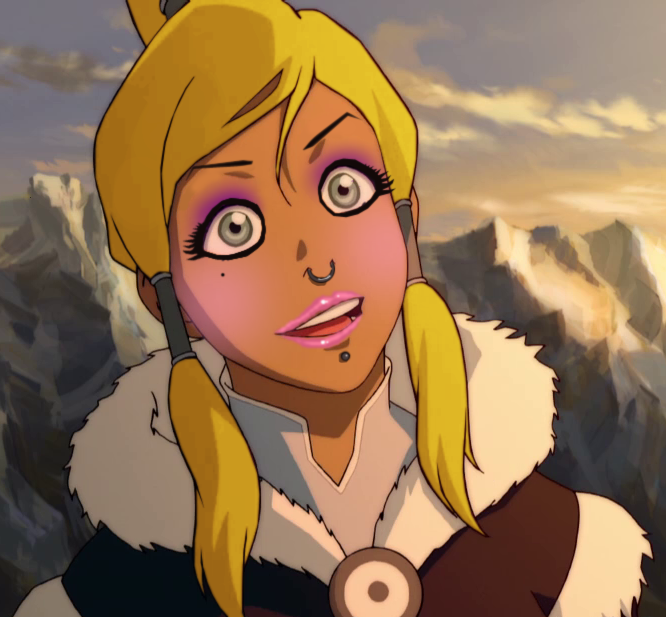 alternate_hair_color avatar_the_last_airbender bimbofication blonde_hair blush clothed da_janitor_(manipper) eyeshadow female_only femsub hair_ornament korra legend_of_korra lip_piercing makeup manip mole nose_ring open_mouth pink_lipstick screenshot smile solo tan_skin