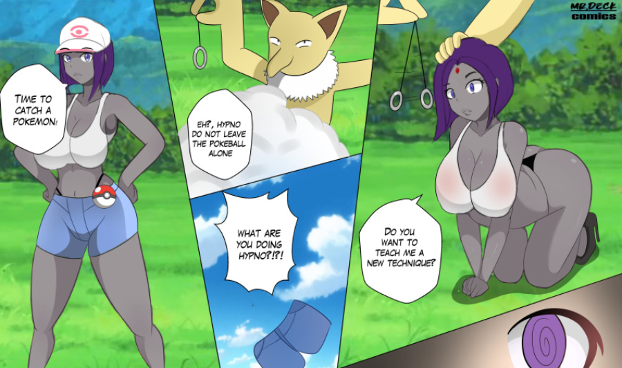 all_fours alternate_costume bare_legs cleavage comic crop_top dc_comics deckman dialogue english_text expressionless femsub grey_skin hand_on_head hand_on_hip high_heels huge_breasts hypno jean_shorts kneeling maledom navel nintendo outdoors panties pendulum pokemon pokemon_(creature) purple_eyes purple_hair raven sequence short_hair shorts signature speech_bubble spiral_eyes standing tank_top teen_titans text thong underwear wet_clothes yellow_skin