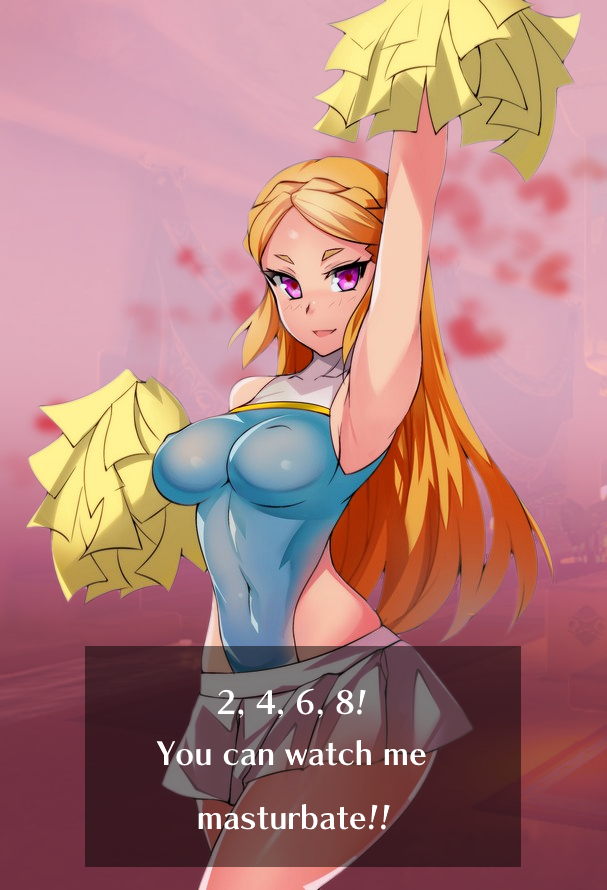 blonde_hair blush breasts breath_of_the_wild cheerleader female_only femsub happy_trance heart heart_eyes hevn joshdehu_(manipper) large_breasts long_hair manip nintendo orange_hair princess princess_zelda purple_eyes skirt symbol_in_eyes text the_legend_of_zelda