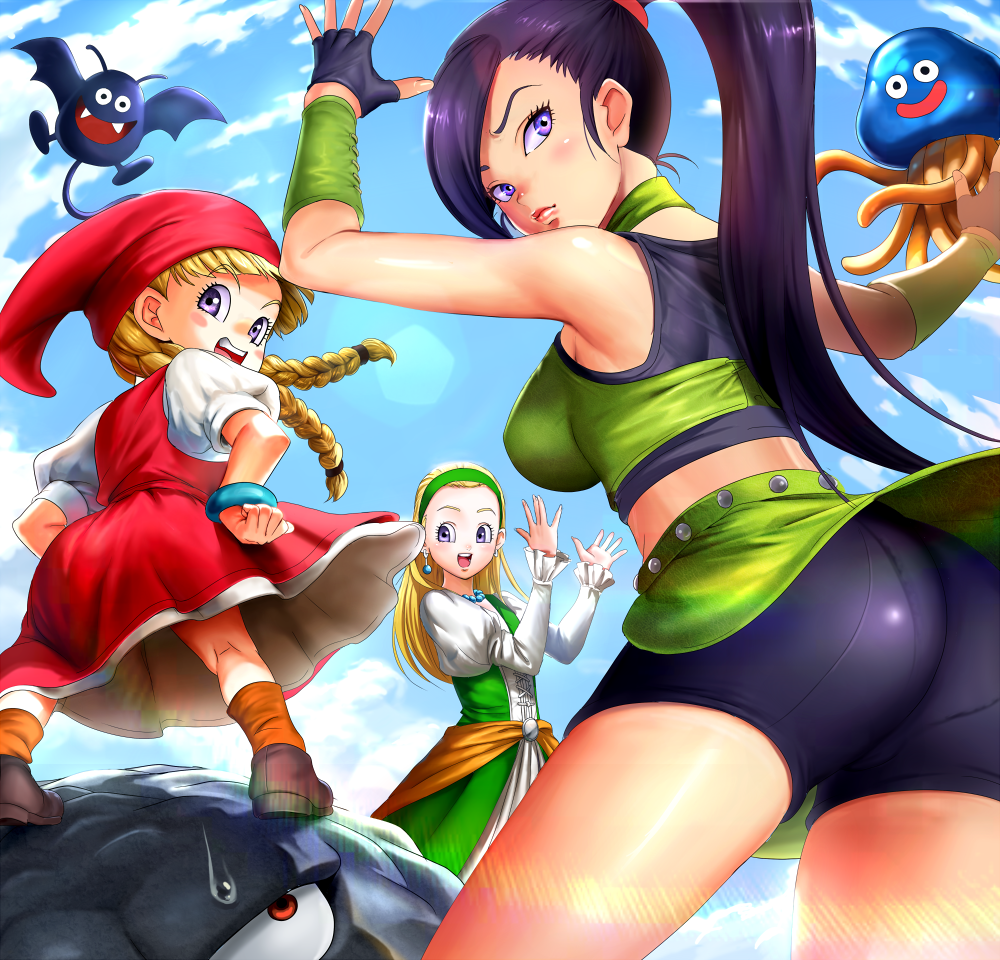 ass ass_focus bare_legs bare_shoulders black_eyes blonde_hair blush body_control breasts dancer dancing dracky dragon_quest_(series) dragon_quest_xi earrings embarrassed femsub fingerless_gloves gloves grinade happy_trance healslime human_furniture hypnotic_magic jade_(dragon_quest_xi) legs long_hair looking_at_viewer looking_back magic midriff monster multiple_girls multiple_subs outdoors ponytail purple_eyes red_eyes rejun serena_(dragon_quest_xi) smile square_enix sweat thighs twintails veronica_(dragon_quest_xi)