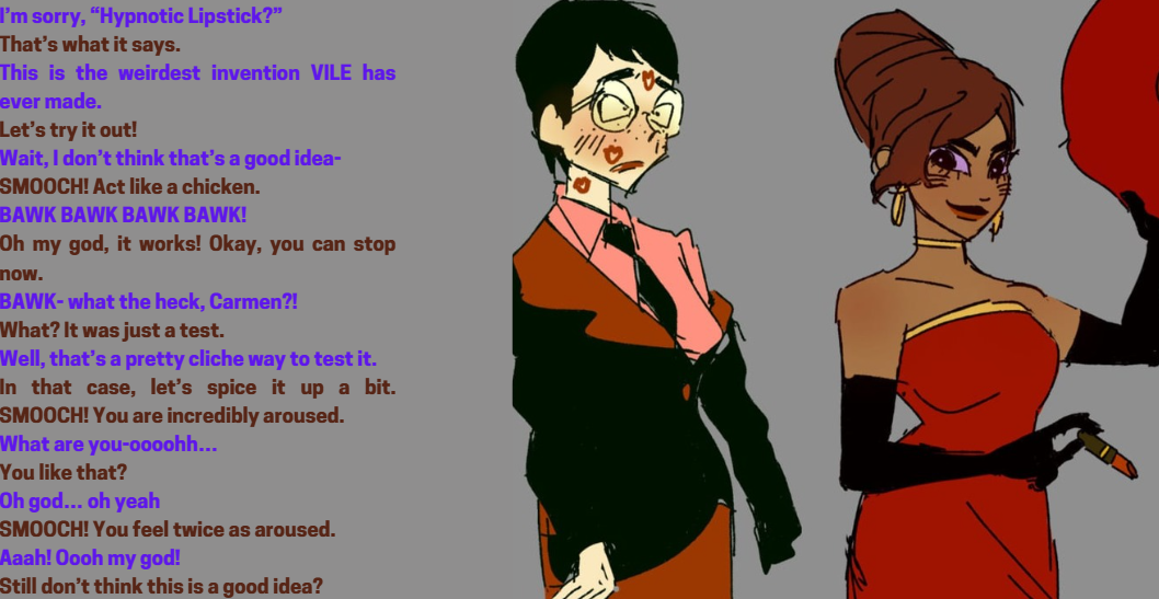 4576457645764576 carmen_sandiego carmen_sandiego_(character) dialogue dress earrings female_only femdom femsub glasses humor jewelry julia_argent_(carmen_sandiego) kissing lipstick long_hair manip ponytail red_dress short_hair smile suit text yuri zupern0va_(manipper)