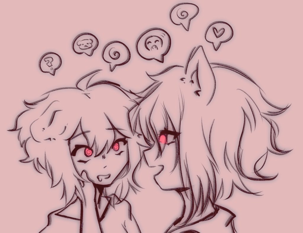 cat_boy cat_ears dog_ears dog_girl drool femboy femsub hand_on_another&#039;s_cheek matraki open_mouth original pink_eyes selfcest smile speech_bubble spiral_eyes