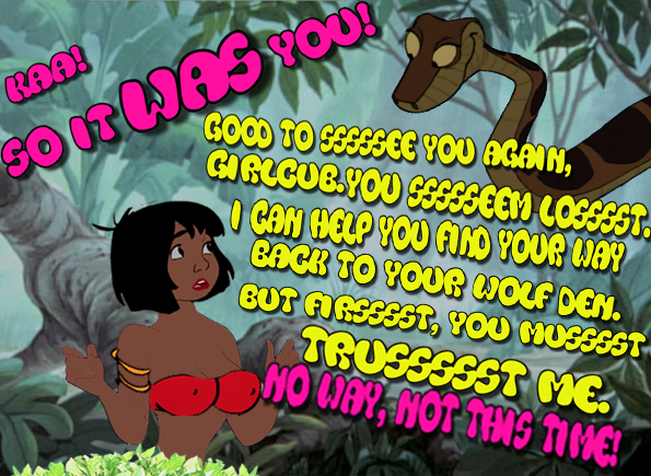 aged_up arm_bands bikini breasts disney genderswap kaa large_breasts mowgli text the_jungle_book waqqed_(manipper)