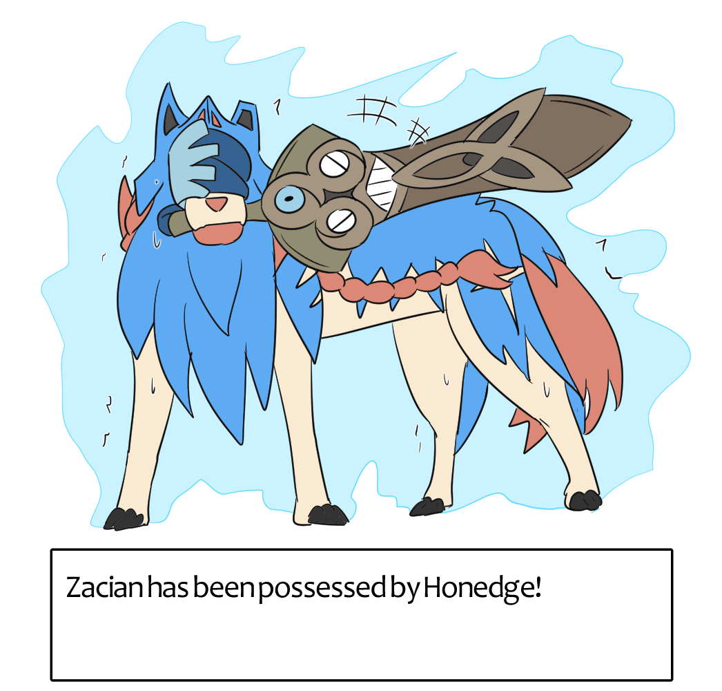 androgynous_dom androgynous_sub aura blindfold carrying closed_eyes corruption covering english_text glowing honedge looking_at_viewer nintendo pokemon pokemon_(creature) pokemon_sword_and_shield pokemon_x_and_y possession sweat text trembling vel zacian