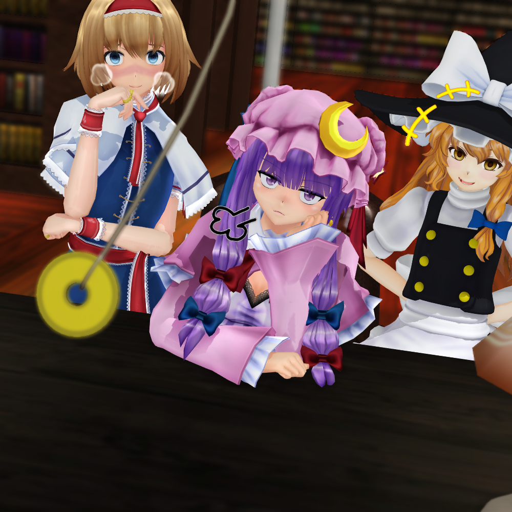 3d alice_margatroid blonde_hair blue_eyes breasts breath coin empty_eyes femsub hat large_breasts long_hair marisa_kirisame multiple_girls patchouli_knowledge pendulum purple_eyes purple_hair short_hair touhou uyunsyu_(manipper) yellow_eyes