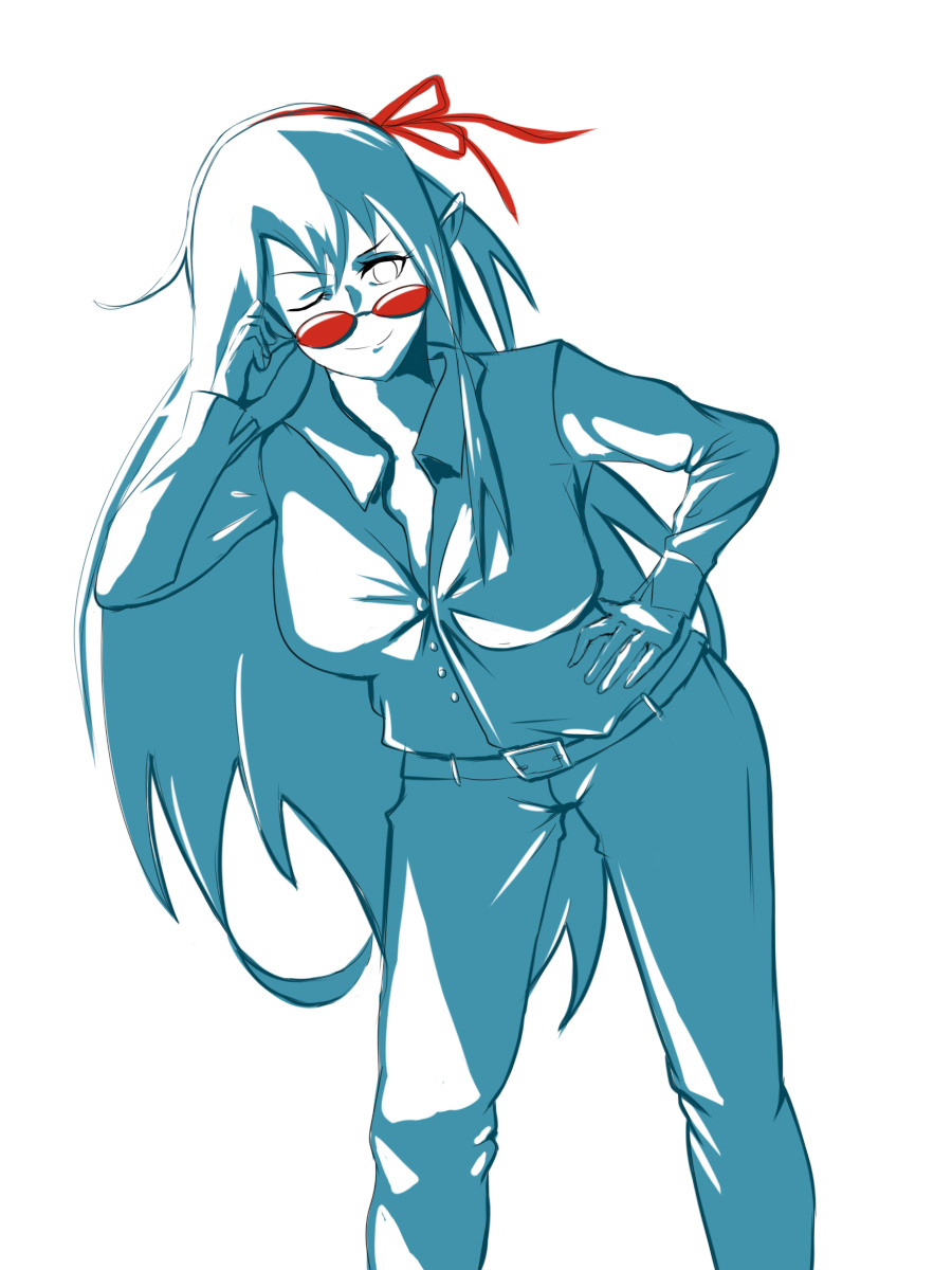 alternate_costume arisa_(shadowverse) breasts corruption cygames dosolfa elf_ears femsub glasses hair_ribbon happy_trance iceschillendrig long_hair looking_at_viewer one_eye_open pants possession ribbon shadowverse smile suit white_background wink