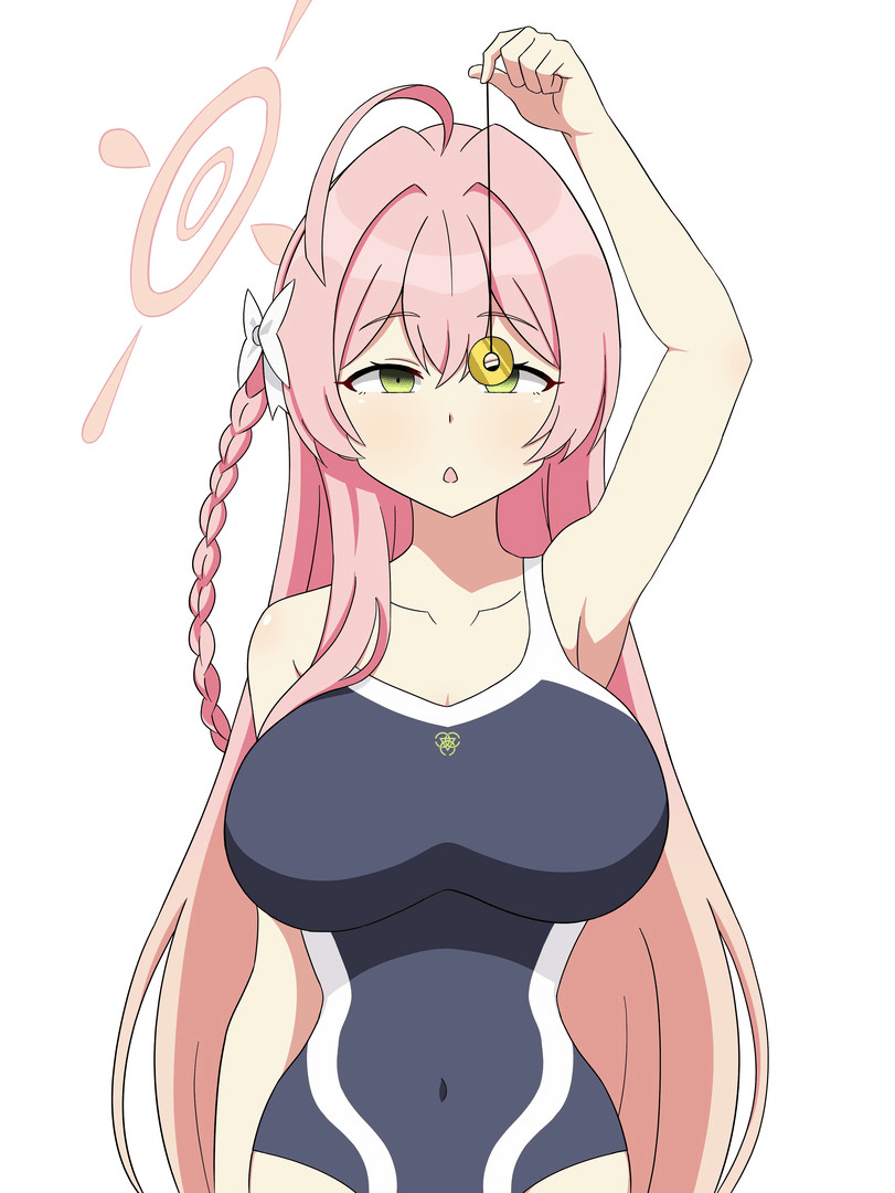 ahoge animated animated_gif armpits blue_archive coin deepwater empty_eyes expressionless eyebrows_visible_through_hair femsub green_eyes hair_ornament halo hanako_(blue_archive) hourglass_figure large_breasts leotard navel open_mouth pendulum pink_hair self_hypnosis simple_background single_hair_bun swimsuit tight_clothing very_long_hair white_background