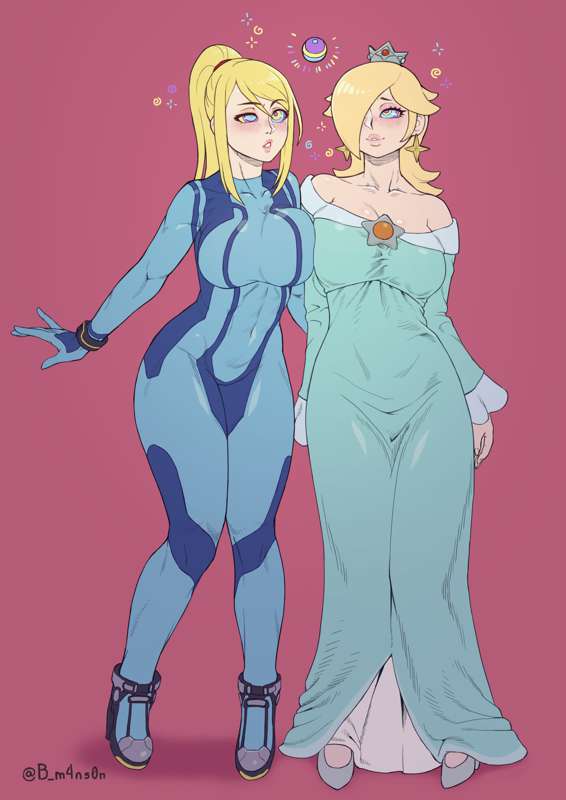 asymmetrical_eyelids breast_press breasts cleavage dazed femsub hypnotic_eyes hypnotic_orb kaa_eyes large_breasts m4ns0n metroid_(series) multiple_girls multiple_subs nintendo open_mouth princess_rosalina samus_aran super_mario_bros. thick_thighs zero_suit