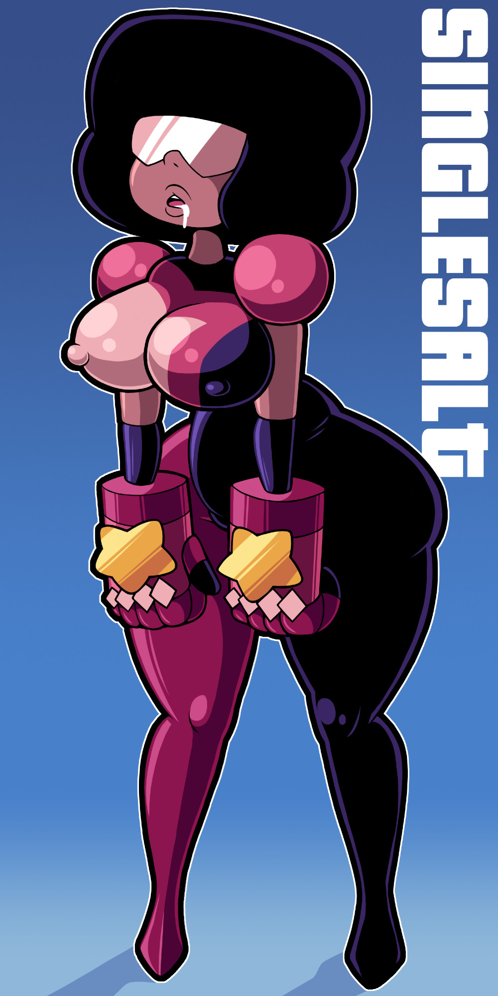 alien alien_girl black_hair bodysuit breasts cartoon_network dazed drool erect_nipples expressionless femsub garnet glasses large_breasts large_hips large_lips nipples shoulder_pads singlesalt steven_universe sunglasses thighs