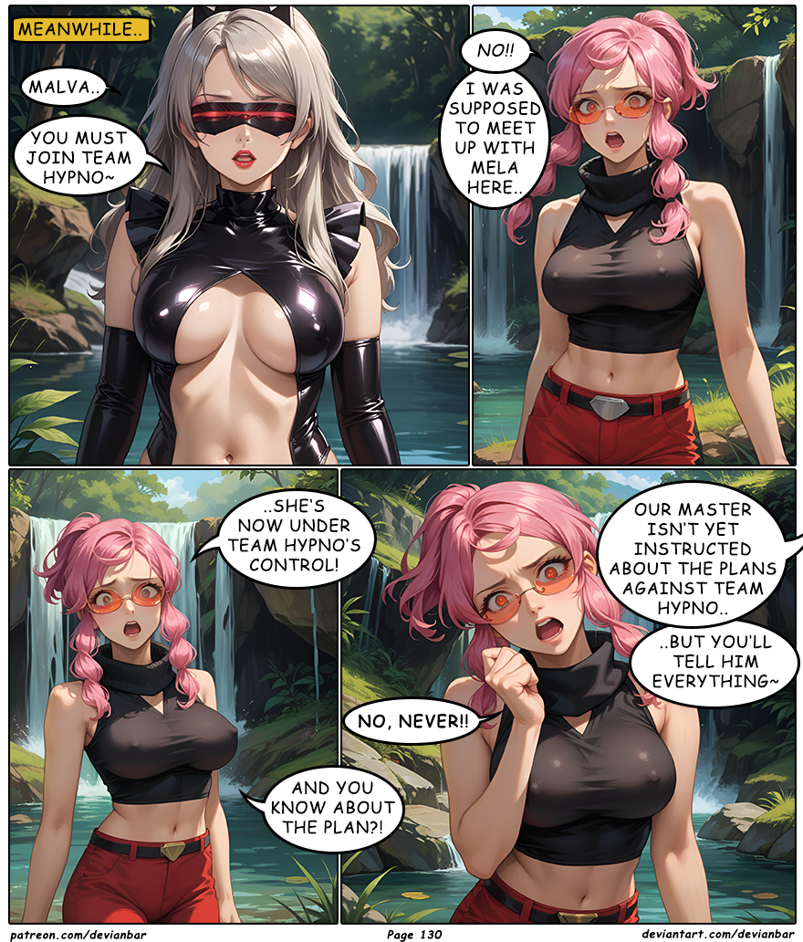 ai_art blonde_hair devianbar dialogue eri_(pokemon) femsub glasses happy_trance large_breasts latex long_hair malva_(pokemon) nintendo pink_hair pokemon short_hair team_flare team_hypno tech_control text visor