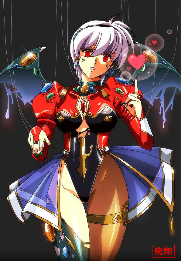 alternate_costume black_background blue_eyes breasts cleavage cleavage_cutout corruption demon_girl earrings emily_(langrisser) evil_smile eyeshadow facial_markings femsub floating fusion glaaze green_eyes happy_trance heart hisho human_puppet jewelry langrisser lipstick looking_at_viewer magic makeup multiple_eyes nail_polish orange_hair possession puppet red_eyes short_hair slit_pupils smile sparkle thick_thighs thighhighs thighs third_eye white_hair wings