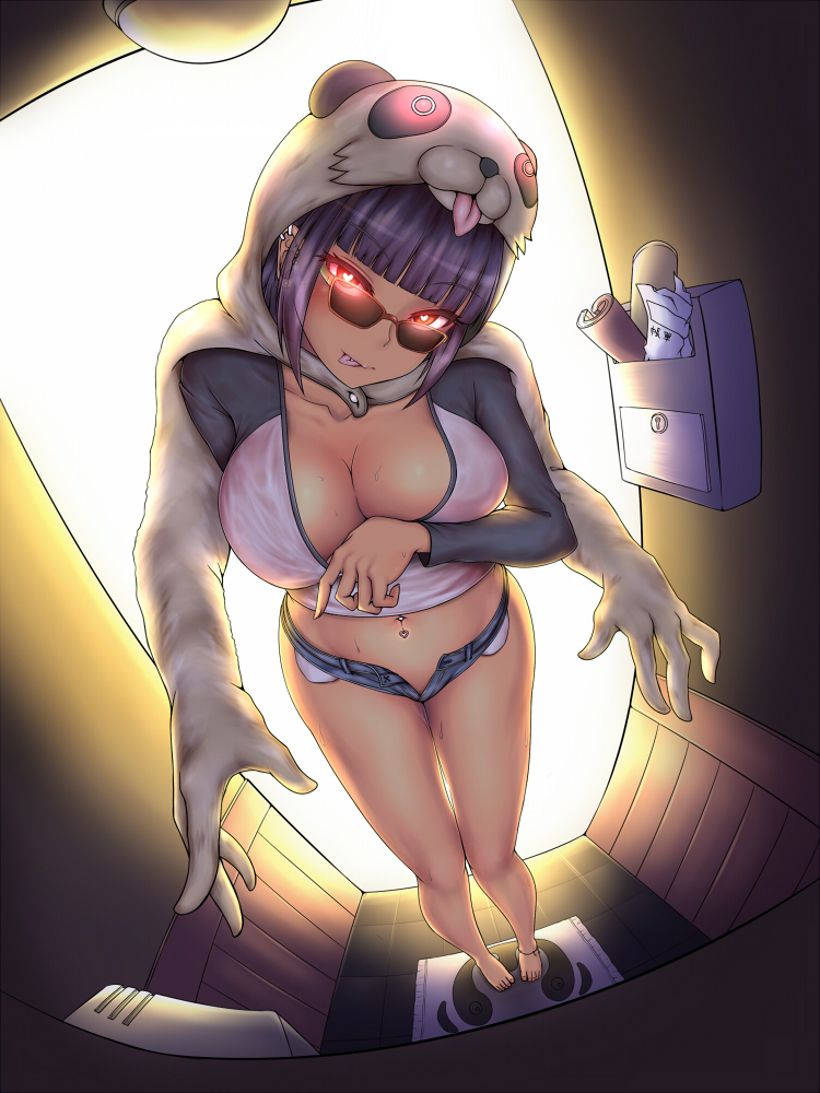 anklet barefoot breasts cleavage feet femsub glowing glowing_eyes heart heart_eyes hood hypnotic_clothing lanmei large_breasts living_costume multiple_arms navel nikuku_(kazedesune) original possession red_eyes short_shorts sunglasses symbol_in_eyes tongue tongue_out