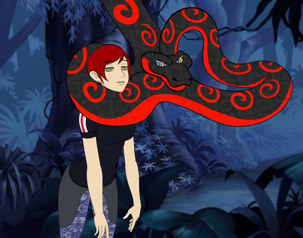 animated animated_eyes_only animated_gif coils commander_shepard femsub jungle kaa_eyes katsiika leaning_forward mass_effect red_hair snake