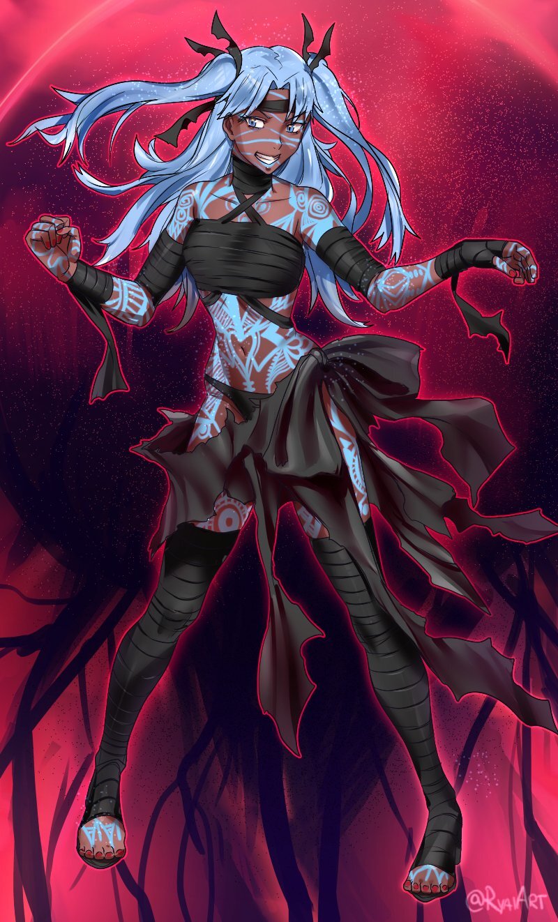 alternate_color_scheme alternate_costume alternate_hair_color angra_mainyu aura bandage bandana bare_shoulders blue_eyes blue_hair body_markings choker corruption earrings fate/stay_night fate_(series) femsub glowing hair_ribbon happy_trance heart heart_tattoo long_hair midriff nail_polish navel possession red_background rin_tohsaka ryai sandals smile tattoo thighhighs toenail_polish twintails