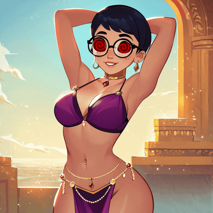 ai_art alternate_costume animated animated_eyes_only animated_gif bare_shoulders black_hair bra breasts carmen_sandiego cleavage dancer earrings female_only femsub glasses gold happy_trance harem_outfit jewelry julia_argent_(carmen_sandiego) large_breasts manip midriff navel necklace panties short_hair smile solo spiral spiral_eyes spiralwash_eyes standing symbol_in_eyes zupern0va_(manipper)