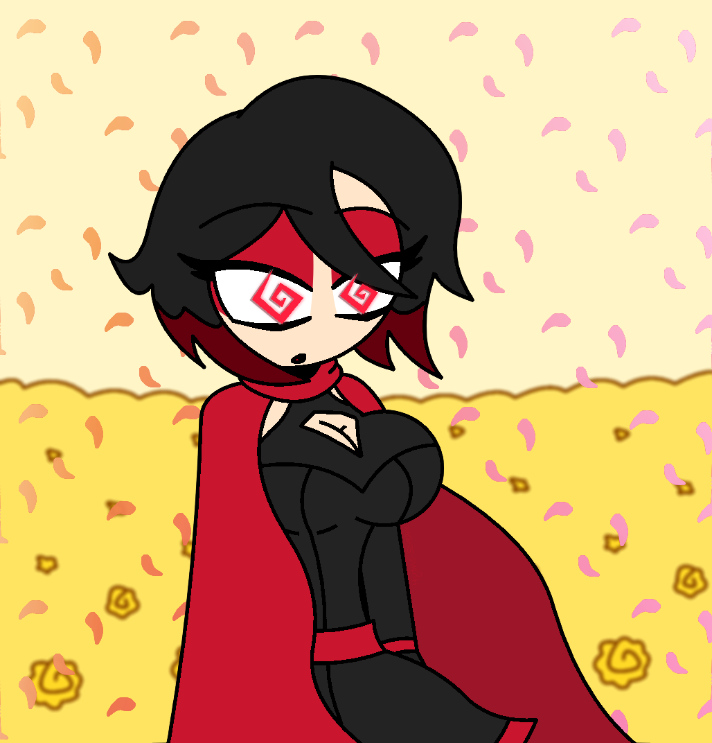 black_hair cape cleavage cleavage_cutout dazed eyebrows_visible_through_hair eyeshadow female_only femsub flower huge_breasts hypnoscream hypnotic_smell makeup multicolored_hair red_eyes red_hair roses ruby_rose rwby short_hair simple_background skirt sleepy solo spiral_eyes wide_hips yellow_background