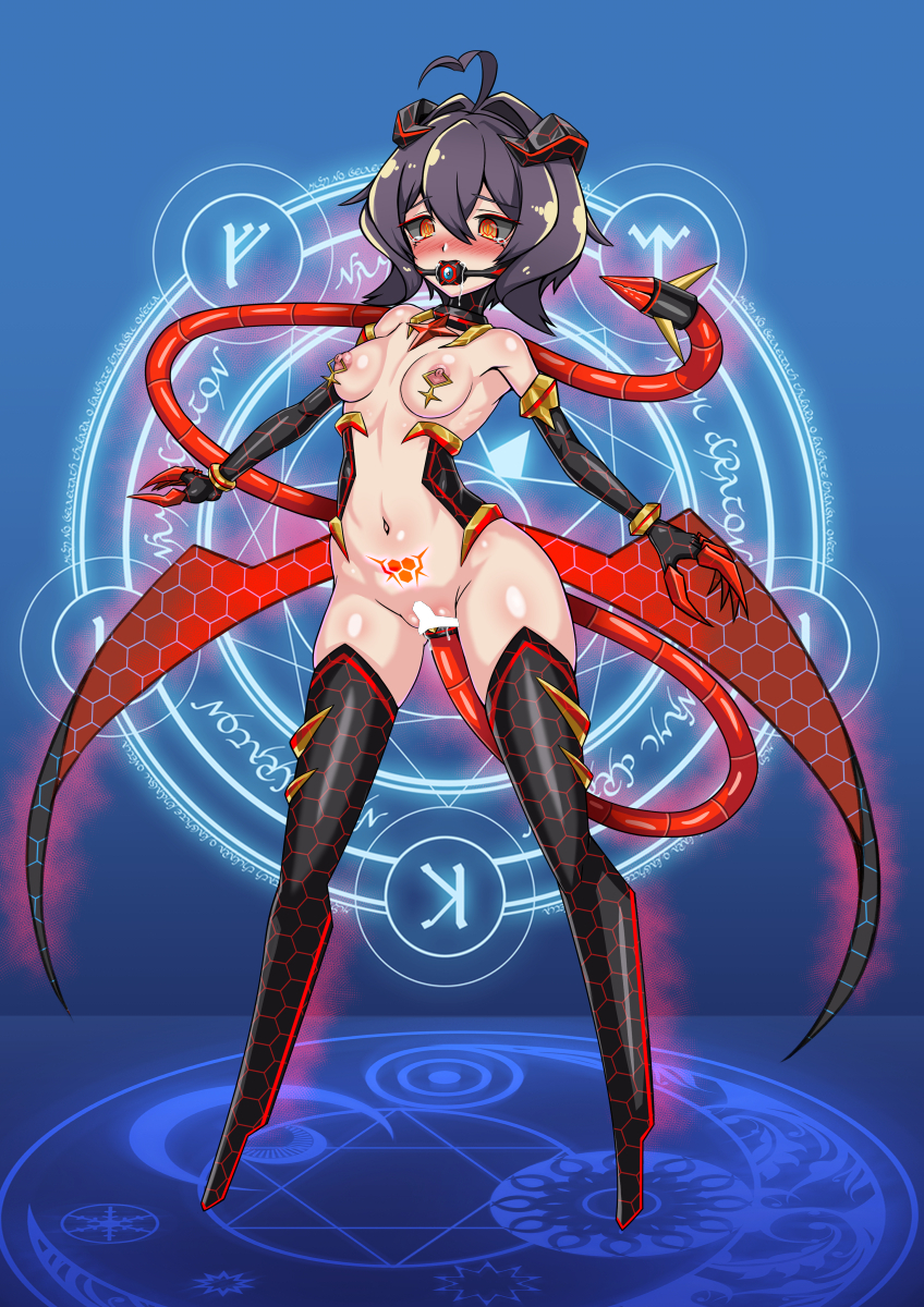 ahoge aura ball_gag bare_shoulders black_hair blue_background bondage boots bottomless claws clothed_exposure collar crossed_eyes crotch_tattoo cyber drool fake_tail femsub gag gloves horns looking_up_to_magical_girls multicolored_eyes navel neuroization nipple_piercing nipples opera_gloves pentagram piercing sex_machine short_hair small_breasts symbol_in_eyes tail tattoo tears thigh_boots thighhighs topless utena_hiiragi vaginal weapon wings yellow_eyes