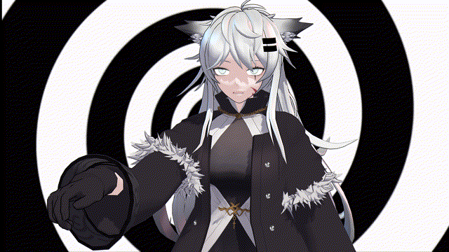 3d airmotor animal_ears animated animated_gif arknights blue_eyes clothed dazed dress dress_shirt female_only femsub fur_coat gloves hair_clips lappland_(arknights) mmd necklace scar scars sharp_teeth sleepy spiral vest white_hair wolf_girl