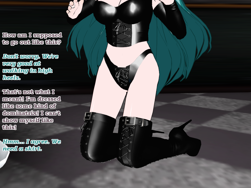 3d boots cleavage corset cyan_hair fingerless_gloves flamekin ghost_girl gothification high_heels kneeling large_breasts leather long_hair panties possession text thigh_boots transgender