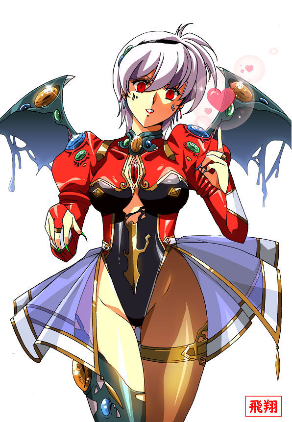 alternate_costume blue_eyes breasts brown_eyes choker cleavage cleavage_cutout corruption demon_girl earrings emily_(langrisser) evil_smile facial_markings femsub floating fusion glaaze green_eyes happy_trance heart hisho jewelry langrisser looking_at_viewer magic multiple_eyes nail_polish possession red_eyes short_hair slit_pupils smile sparkle thick_thighs thighhighs thighs third_eye white_background white_hair wings
