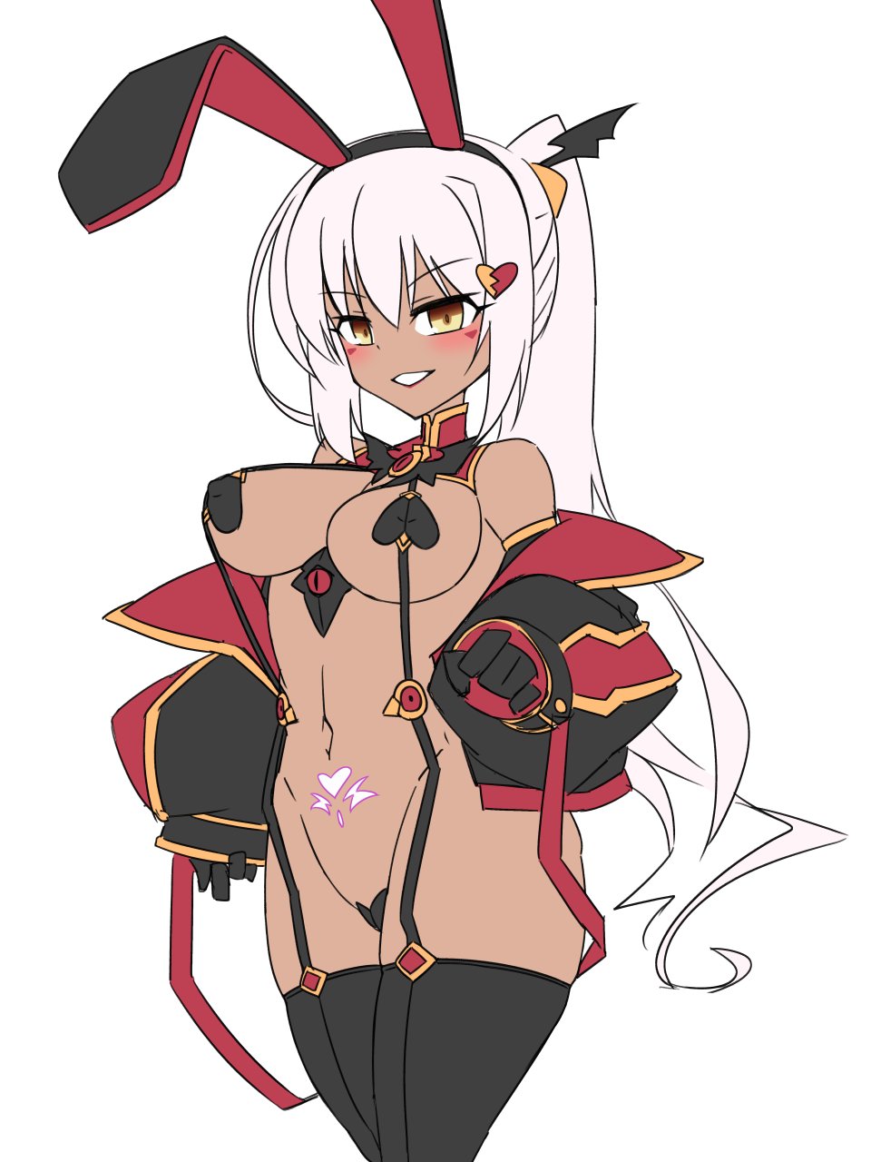 alternate_color_scheme alternate_costume alternate_hair_color bangs bare_shoulders bow bow_tie breasts bunny_ears clothed_exposure crotch_tattoo face_paint female_only femsub garter_straps gloves hair_ornament ignis_(ts_mahou_shoujo_nao!) jacket jewelry kedamaton_ looking_at_viewer navel opera_gloves pasties ponytail simple_background slave_gear_(ts_mahou_shoujo_nao!) sling_bikini smile solo standing tan_skin thigh_boots thighhighs ts_mahou_shoujo_nao! white_background white_hair yellow_eyes