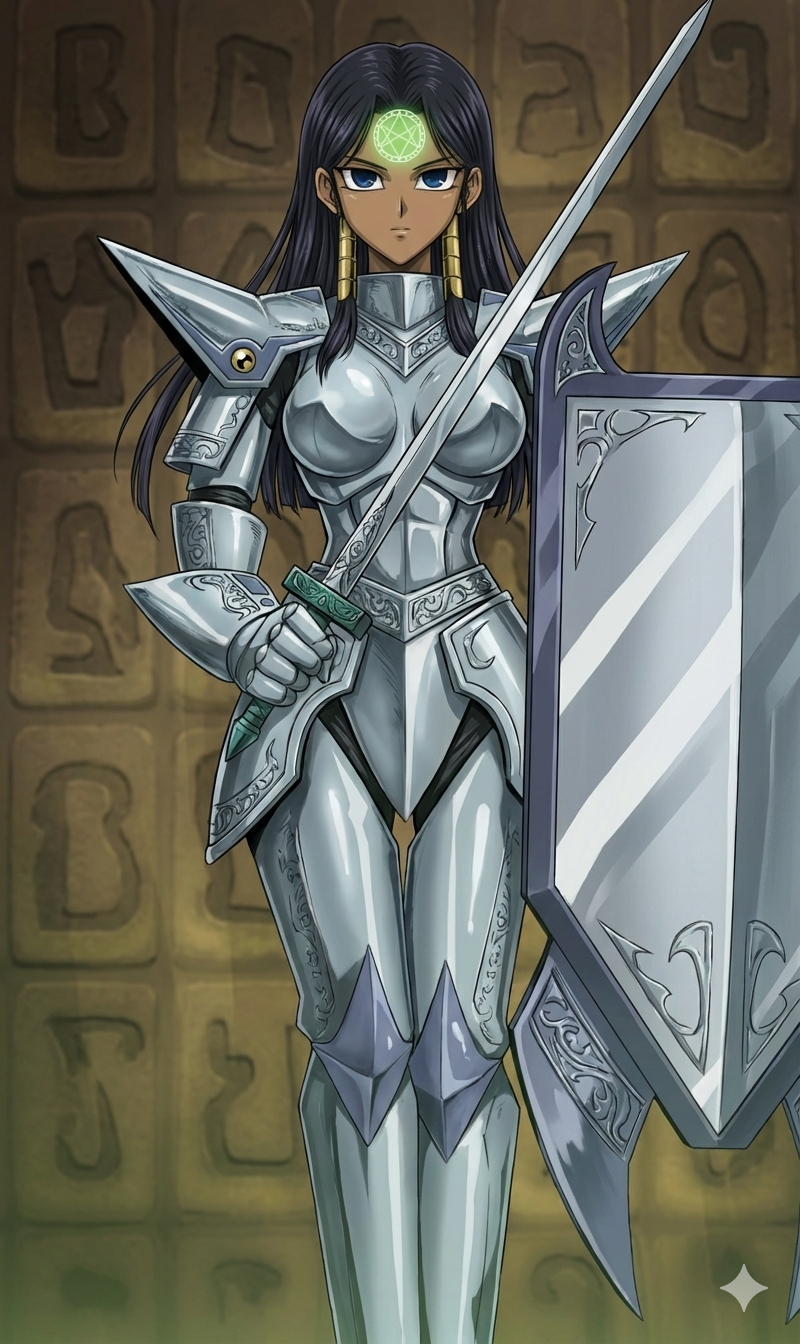 ai_art armor black_hair control_indicator dark_skin egyptian empty_eyes enemy_conversion expressionless femsub ishizu_ishtar knight large_breasts long_hair seal_of_orichalcos shield standing_at_attention sword yu-gi-oh!