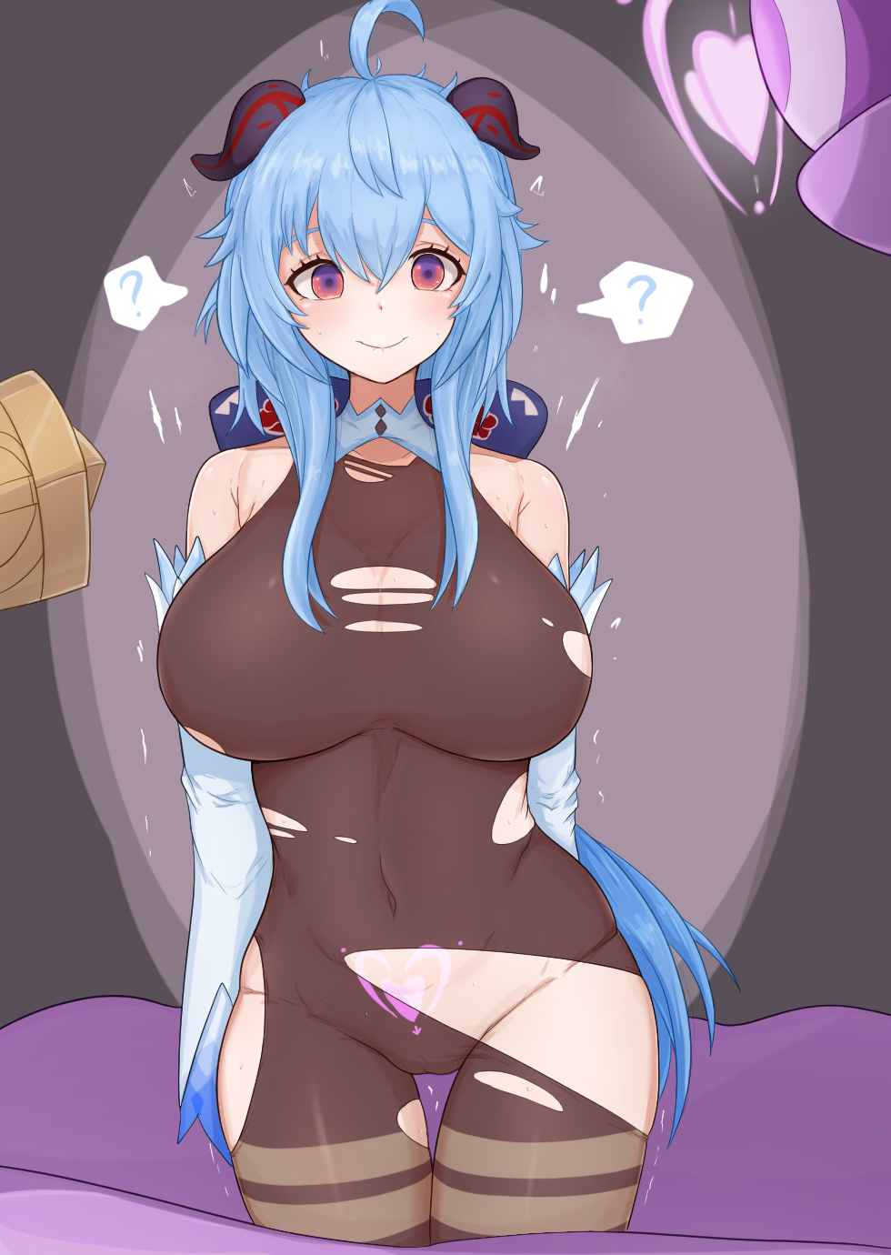 bare_shoulders blue_hair breasts cameltoe confused crotch_tattoo female_only femsub ganyu_(genshin_impact) genshin_impact gloves glowing happy_trance horns large_breasts long_hair navel opera_gloves purple_eyes simple_background skyhood smile solo speech_bubble standing tattoo torn_clothes