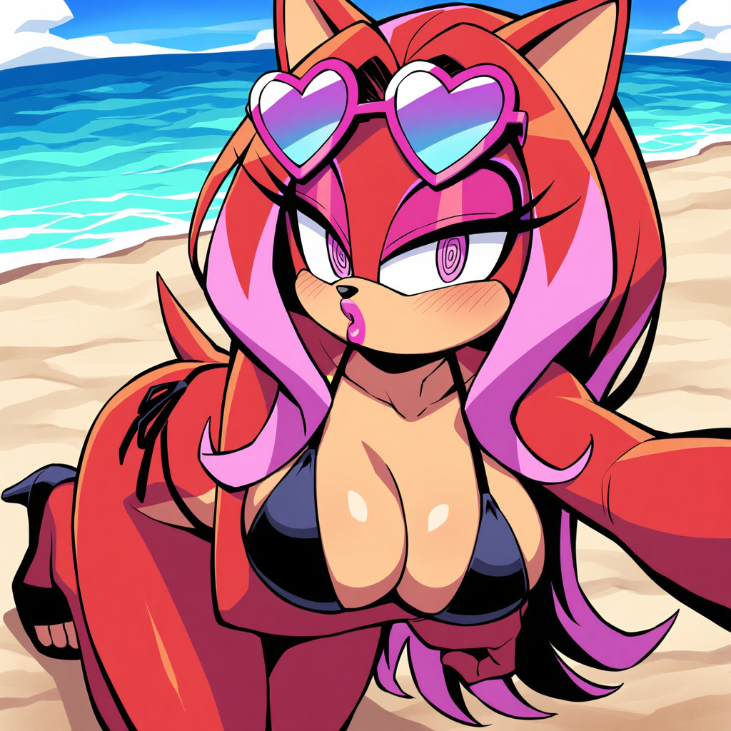 ai_art beach bikini cat_girl furry glasses high_heels lipstick novelai_(ai) original pink_eyes red_hair selfie spiral_eyes toni-technaclaw toni_technaclaw