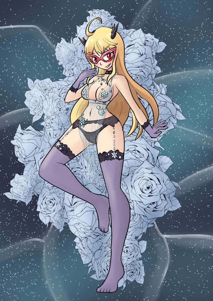 ahoge alternate_costume bare_shoulders blonde_hair blush breasts cleavage clothed complex_background cosplay costume cygames dragalia_lost eye_color_change fate/grand_order fate_(series) female_only femdom femsub flower glasses gloves happy_trance large_breasts liling_(bluenayru) looking_at_viewer midriff mythkaz navel nintendo original possession red_eyes see-through smile thighhighs thighs very_long_hair zethia