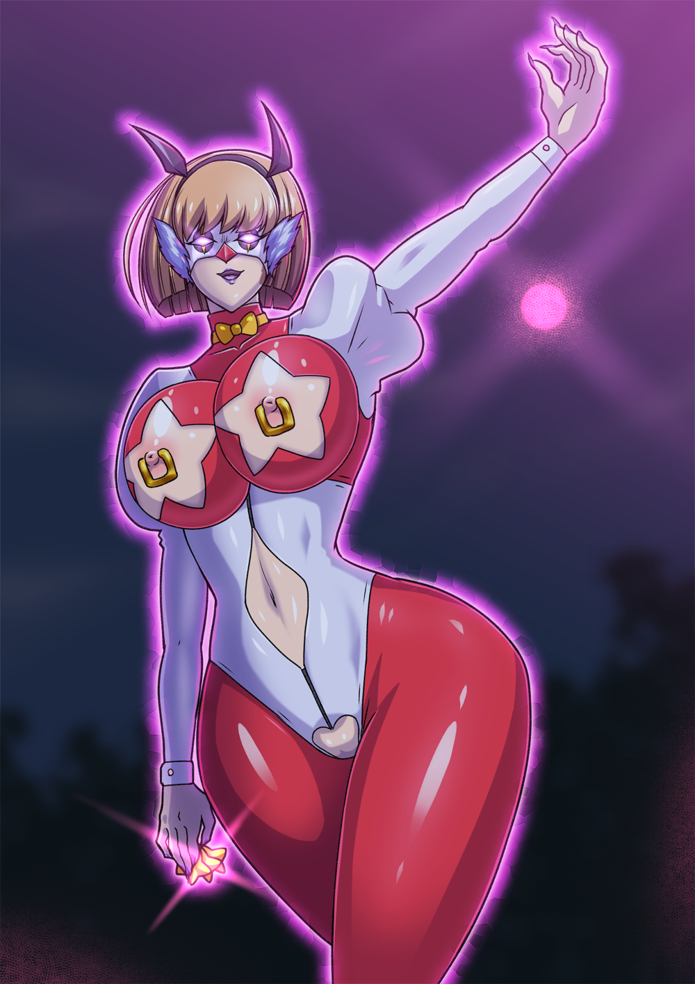 allows_(nun) alternate_costume blonde_hair body_control breasts corruption enemy_conversion eye_mask female_only glowing_eyes hair_band hell_teacher_nube hell_teacher_nube:_at_0_a.m._nube_dies!! huge_breasts jester large_hips latex miki_hosokawa navel nipple_piercing piercing purple_eyes ribbon short_hair smile solo weapon