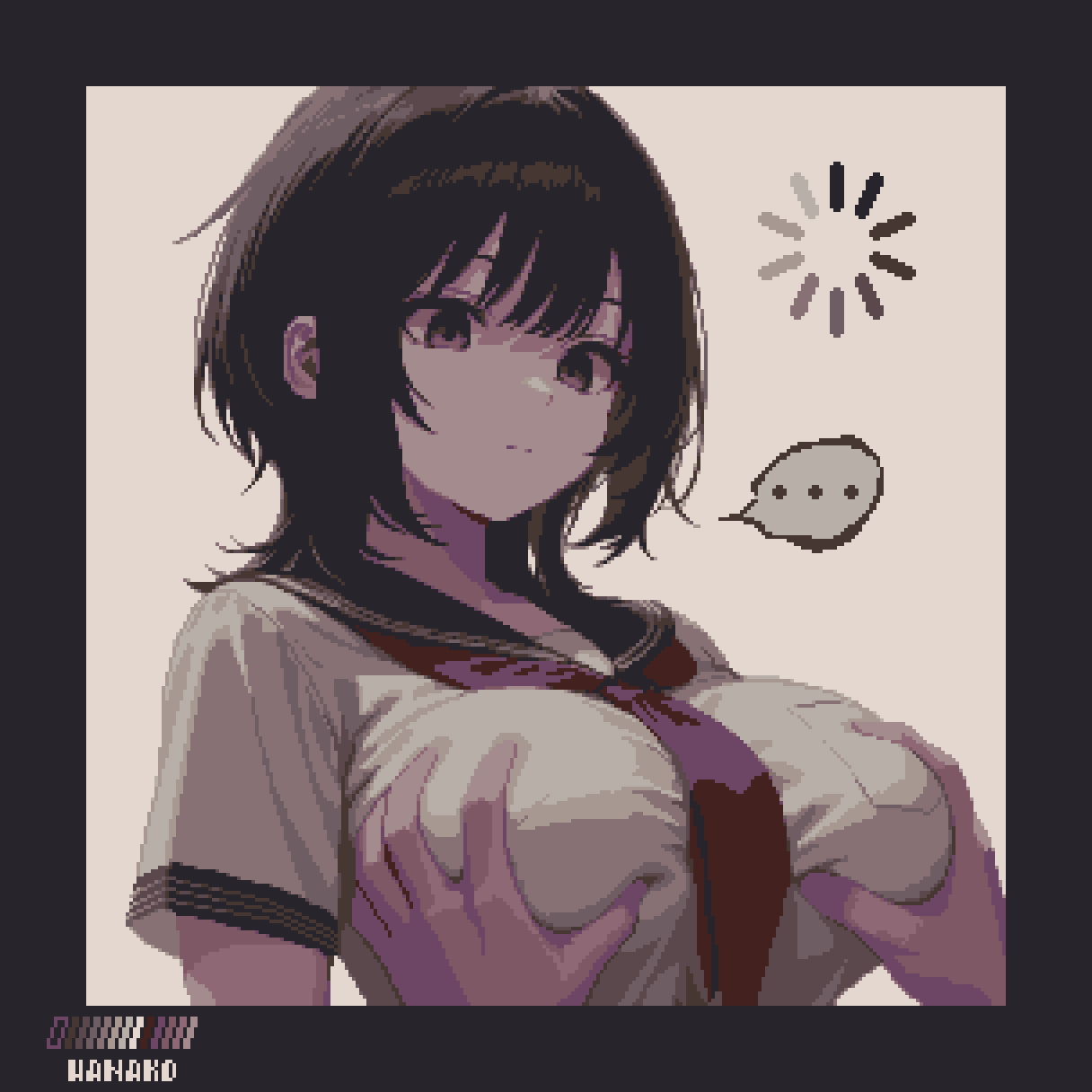 ai_art androgynous_dom border breast_grab breasts brown_eyes brown_hair clothed empty_eyes expressionless femsub grey_background groping large_breasts manip original pixel_art school_uniform shirt signature simple_background specialhanako_(manipper) speech_bubble tie time_stop uniform
