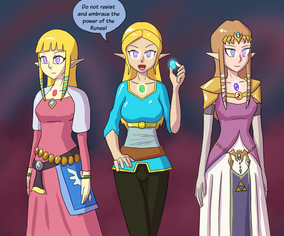 blonde_hair breath_of_the_wild brown_hair dress elf elf_ears female_only femsub hypnotic_accessory long_hair long_skirt multiple_persona mythkaz nintendo princess_zelda skyward_sword text the_legend_of_zelda twilight_princess