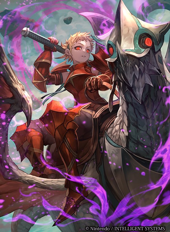 anankos_(fire_emblem) armor aura axe blonde_hair corruption english_text femsub fire_emblem fire_emblem_cipher fire_emblem_fates glowing glowing_eyes lack looking_at_viewer maledom official possession scarlet_(fire_emblem) short_hair sitting spoilers text weapon