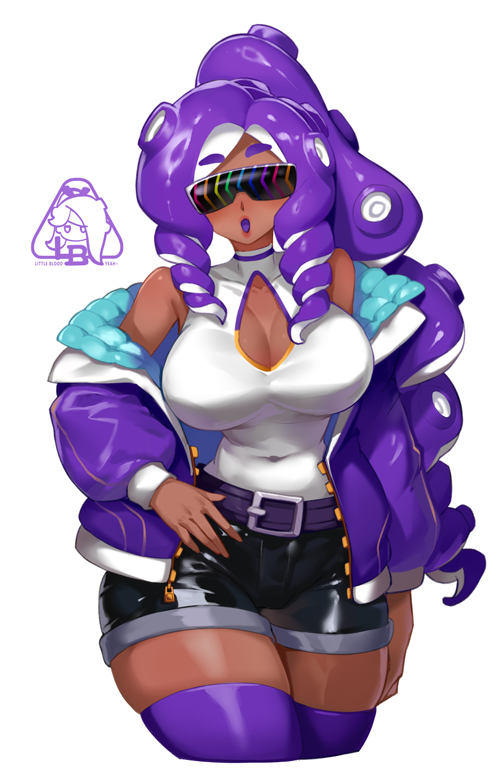 breasts cleavage cleavage_cutout coat drill_hair eyebrows_visible_through_hair hypnoshades hypnotic_accessory large_breasts littleblood mommaocco multicolored_hair navel nintendo open_mouth original ponytail shirt shorts simple_background splatoon splatoon_2 tagme tan_skin tech_control thighhighs thighs tight_clothing very_long_hair virtual_youtuber watermark white_background