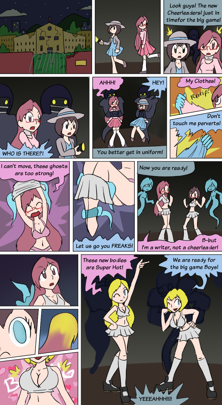blonde_hair breast_expansion cheerleader comic dialogue ghost hazle_chantry_(swankypajamas) mythkaz original possession stella_tressler_(swankypajamas) swankypajamas tagme text undressing