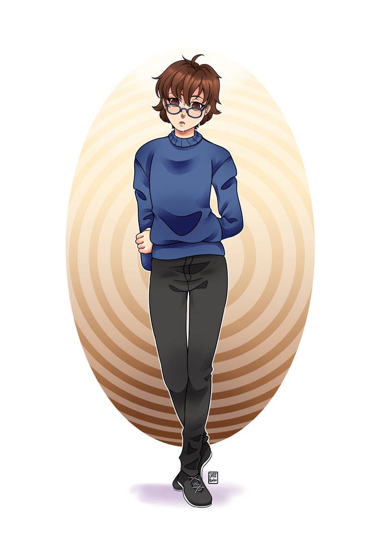 brown_eyes brown_hair drool empty_eyes glasses male_only malesub penlight spiral_background standing sweater sweetlittleneko