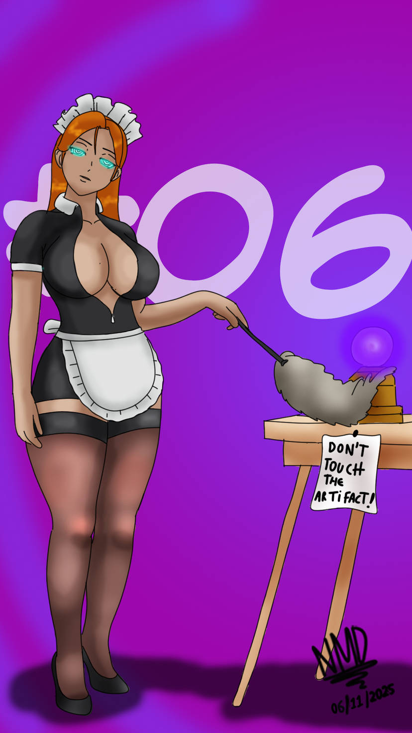 accidental_hypnosis apron blue_eyes cleavage clothed collarbone feather_duster female_only femsub glowing_eyes high_heels hypnovember long_hair maid maid_headdress nominddetected open_mouth orange_hair sideboob spiral_eyes standing