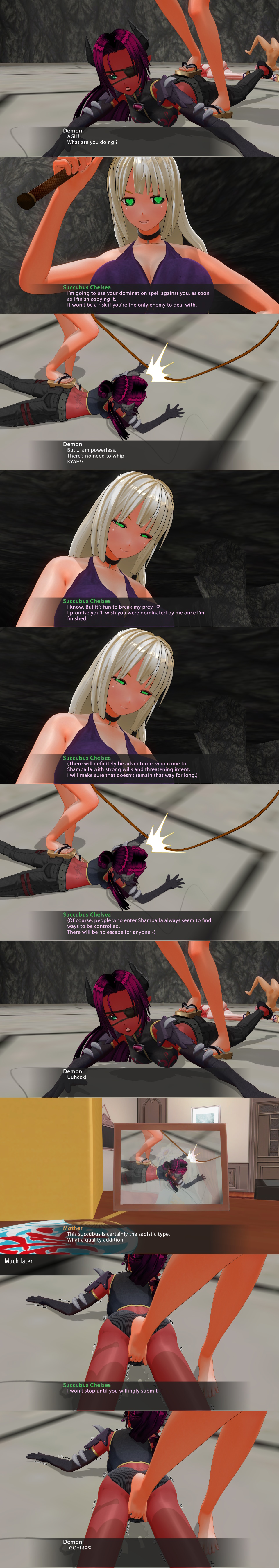 3d altered_common_sense altered_perception chelsea_(mc_trap_town) comic custom_maid_3d_2 demon_girl dialogue english_text female_only femdom femsub kamen_writer_mc mc_trap_town nude panties screenshot succubus tech_control text turning_the_tables unaware whip xlmpth