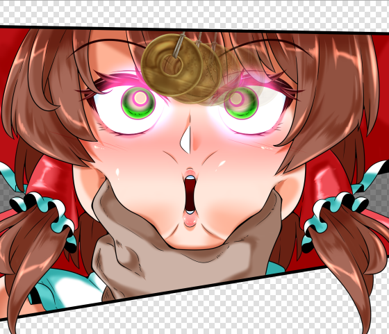 blush brown_hair cheek_squish dazed femsub green_eyes keinoyounamono open_mouth pendulum reimu_hakurei touhou